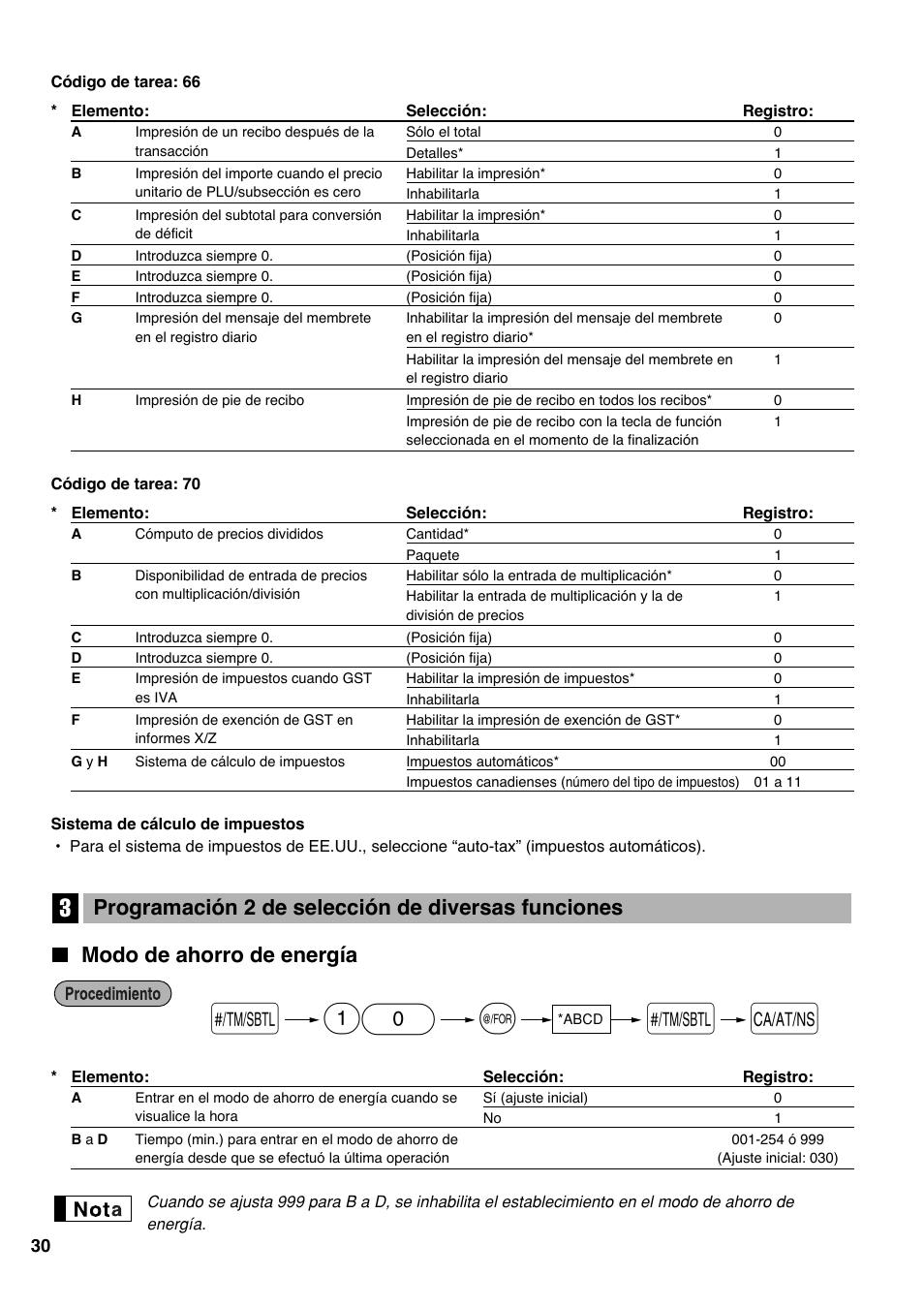 Modo de ahorro de energía, Programación 2 de selección de diversas funciones | Sharp Electronic Cash Register XE-A403 User Manual | Page 104 / 116