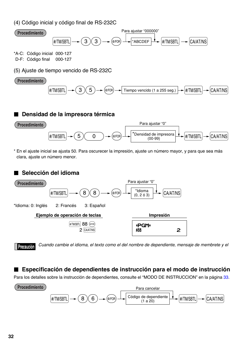 Densidad de la impresora térmica, Selección del idioma, S 50 | S 35, As s 33 | Sharp Electronic Cash Register XE-A403 User Manual | Page 106 / 116