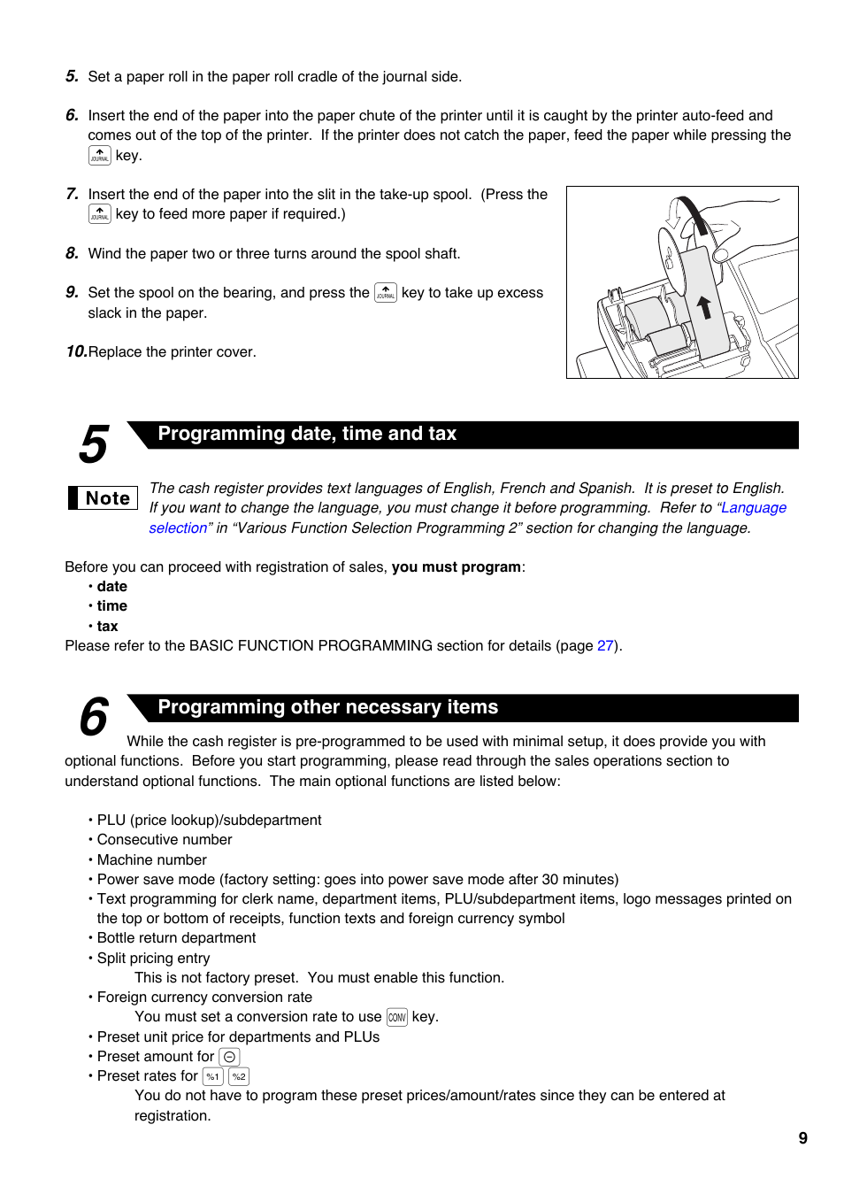 5 programming date, time and tax, 6 programming other necessary items | Sharp Electronic Cash Register XE-A403 User Manual | Page 11 / 116