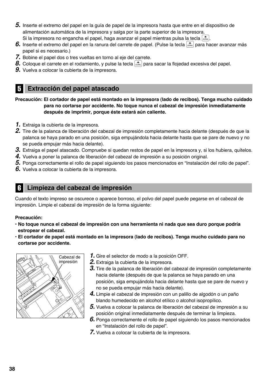 5 extracción del papel atascado, 6 limpieza del cabezal de impresión | Sharp Electronic Cash Register XE-A403 User Manual | Page 112 / 116