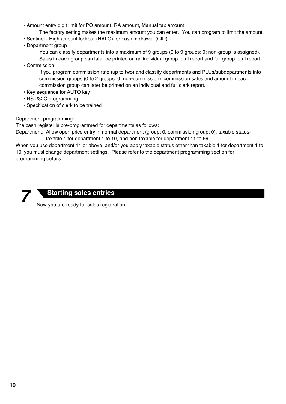 7 starting sales entries | Sharp Electronic Cash Register XE-A403 User Manual | Page 12 / 116