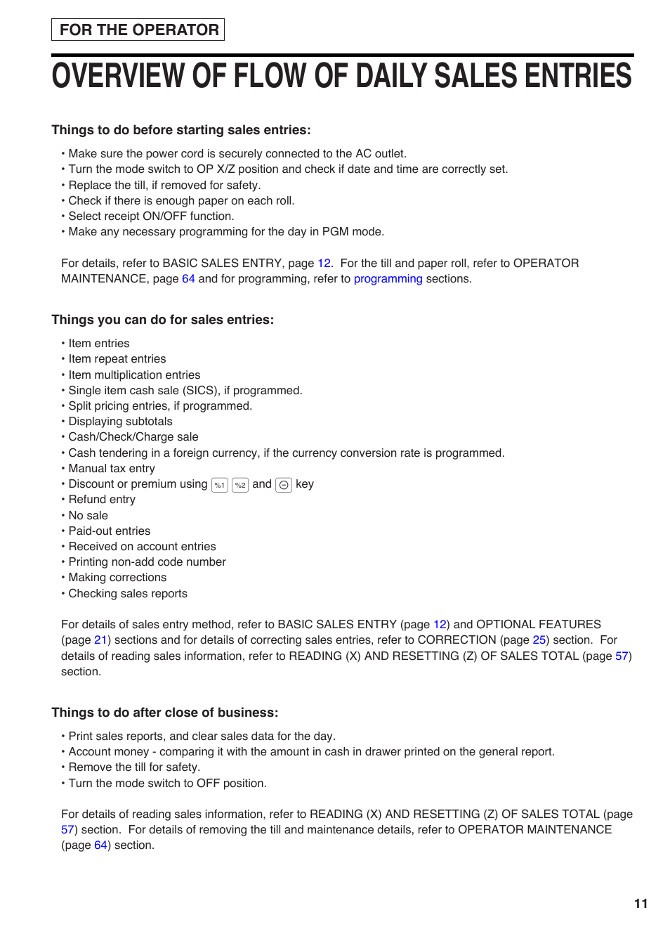 Overview of flow of daily sales entries, For the operator | Sharp Electronic Cash Register XE-A403 User Manual | Page 13 / 116