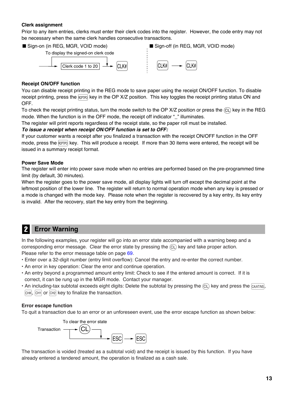 2 error warning | Sharp Electronic Cash Register XE-A403 User Manual | Page 15 / 116