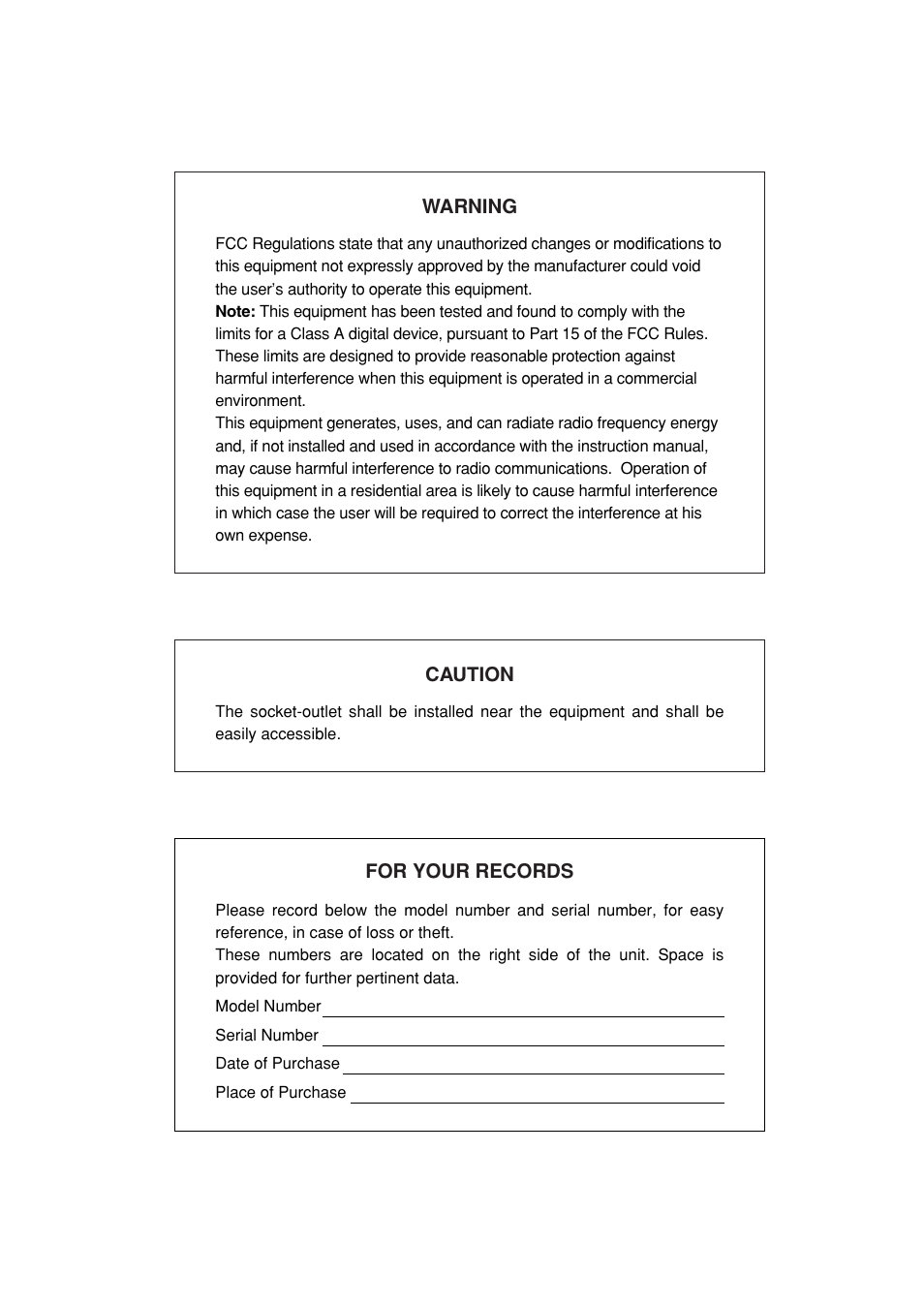 Warning, Caution, Warning caution | For your records | Sharp Electronic Cash Register XE-A403 User Manual | Page 2 / 116