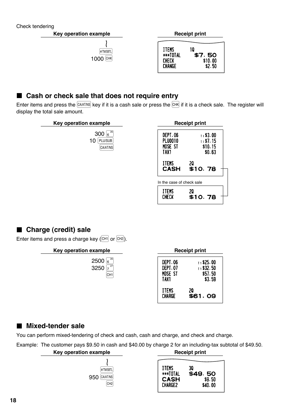 Cash or check sale that does not require entry, Charge (credit) sale, Mixed-tender sale | Sharp Electronic Cash Register XE-A403 User Manual | Page 20 / 116