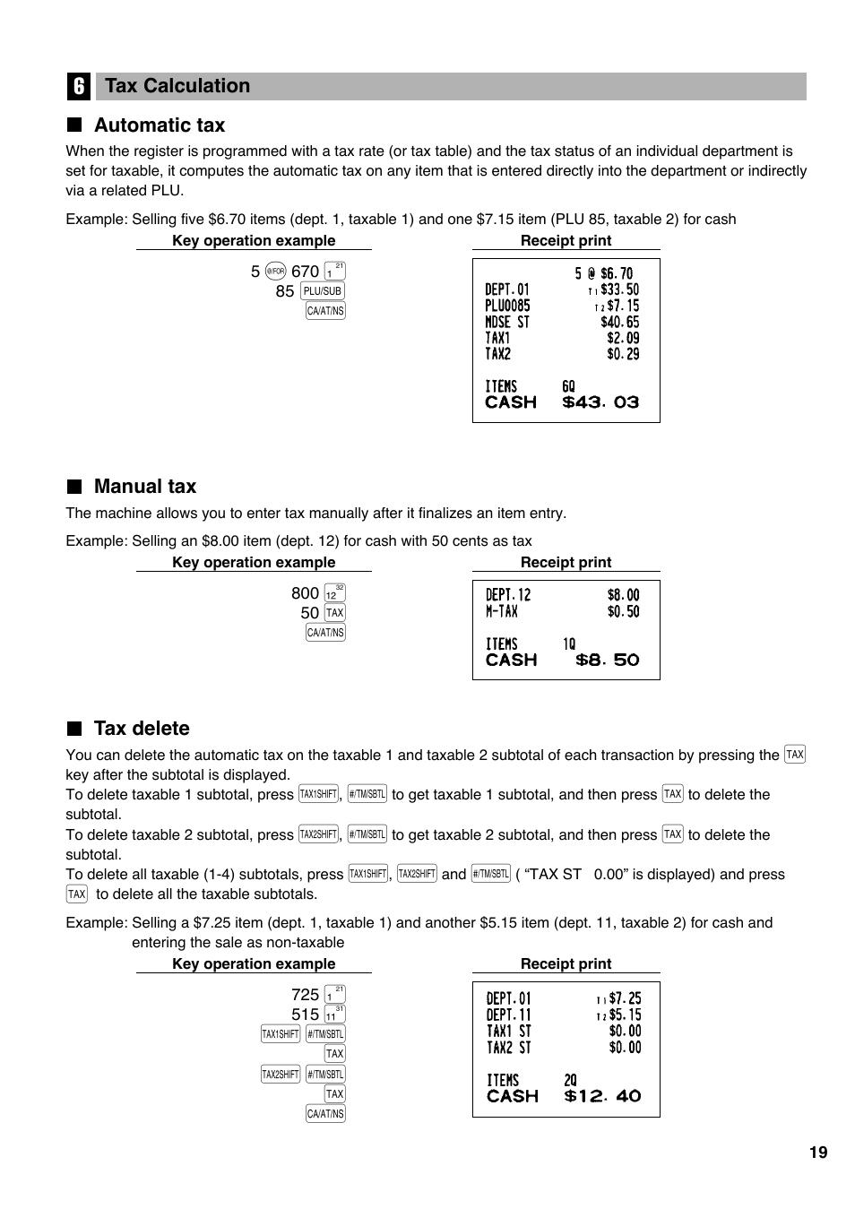 6 tax calculation, Automatic tax, Manual tax | Tax delete | Sharp Electronic Cash Register XE-A403 User Manual | Page 21 / 116