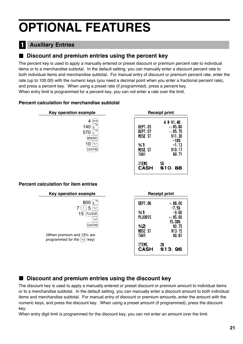 Optional features, 1 auxiliary entries, Discount and premium entries using the percent key | P& a | Sharp Electronic Cash Register XE-A403 User Manual | Page 23 / 116