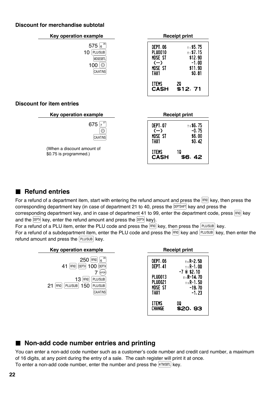 Refund entries, Non-add code number entries and printing | Sharp Electronic Cash Register XE-A403 User Manual | Page 24 / 116