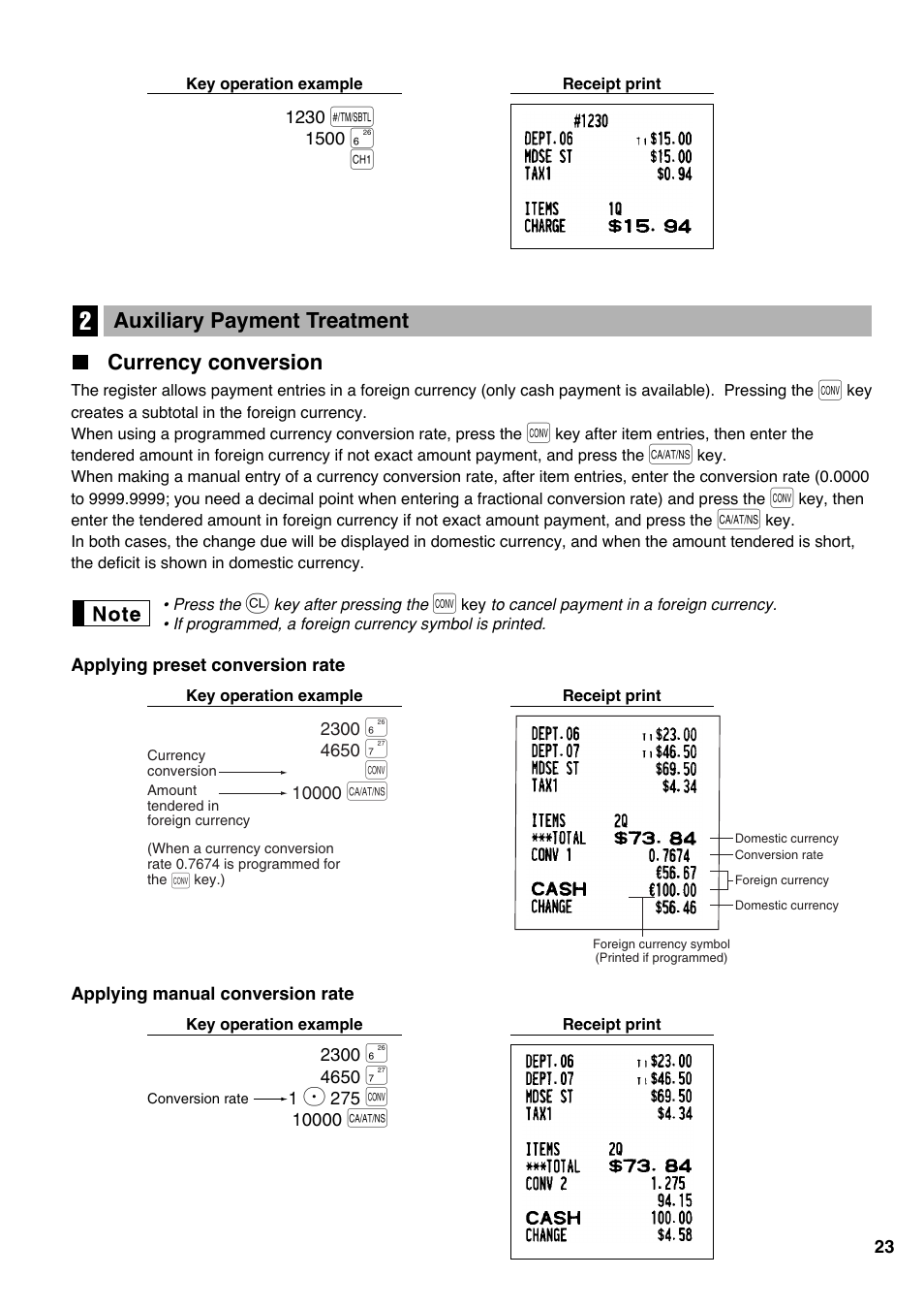 2 auxiliary payment treatment, Currency conversion | Sharp Electronic Cash Register XE-A403 User Manual | Page 25 / 116