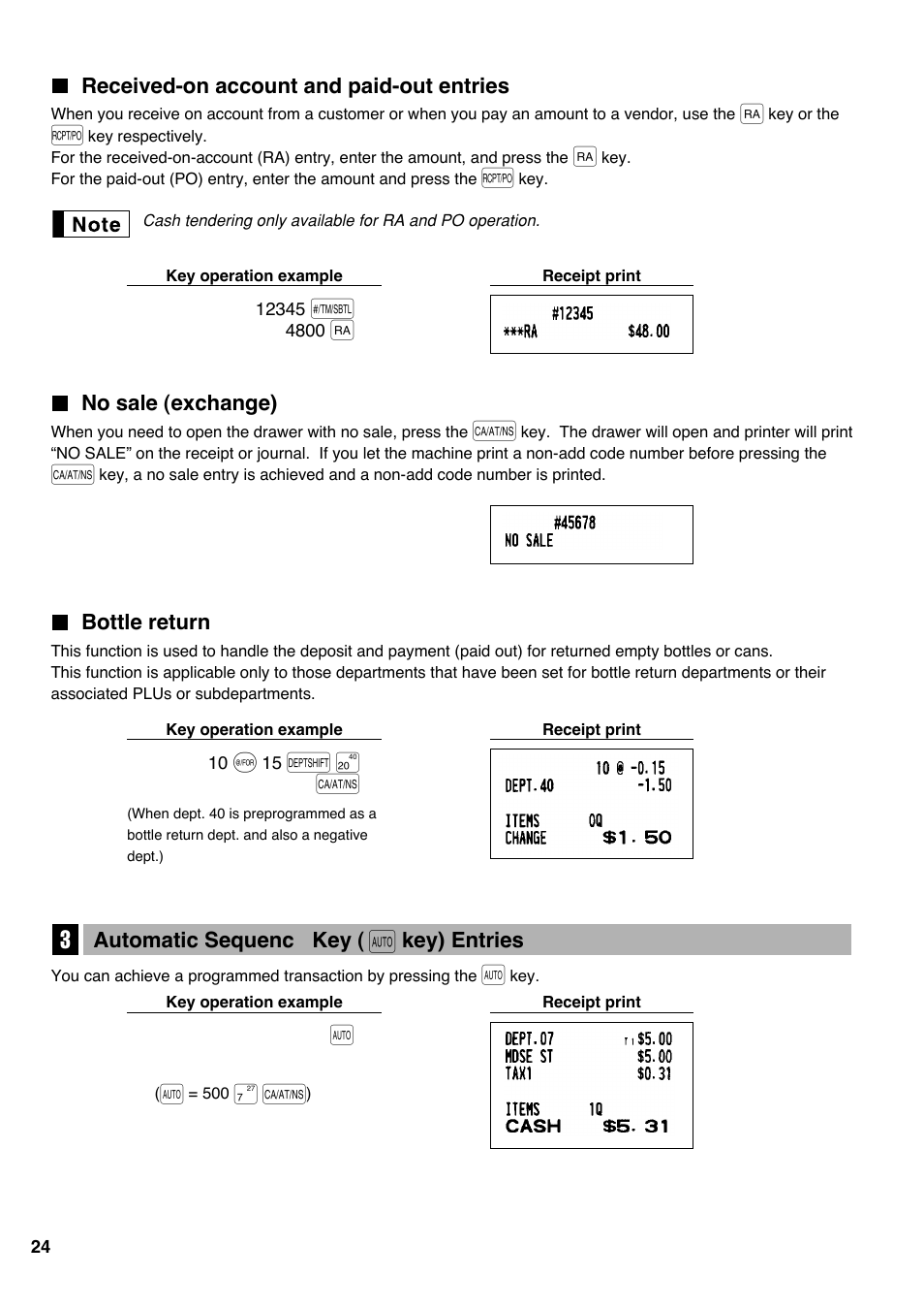 Received-on account and paid-out entries, No sale (exchange), Bottle return | 3 automatic sequence key entries, 3 automatic sequence key, Key) entries, D π a | Sharp Electronic Cash Register XE-A403 User Manual | Page 26 / 116