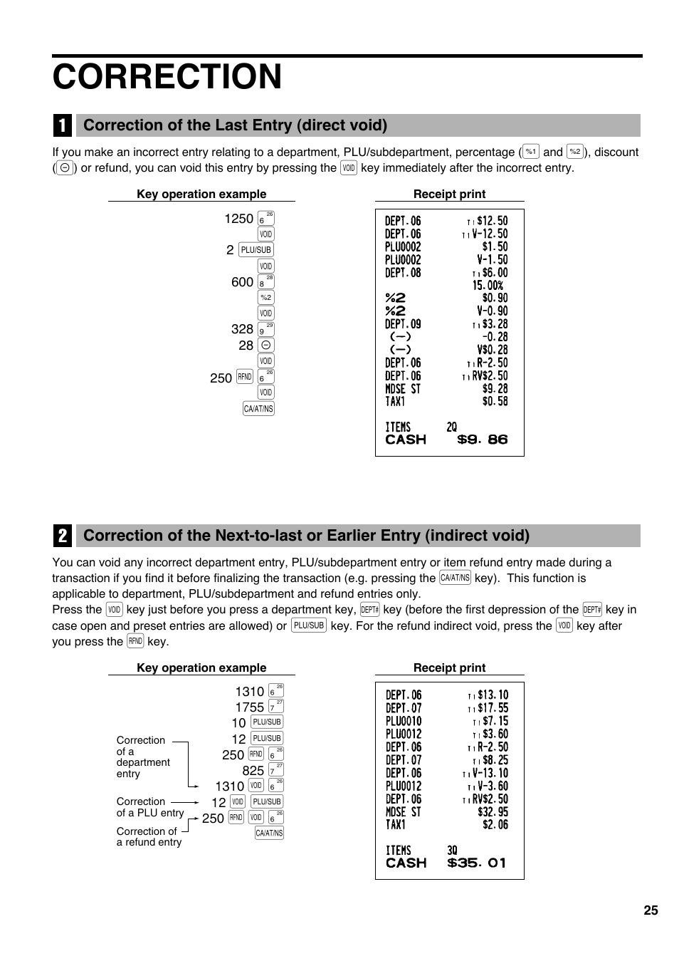 Correction, 1 correction of the last entry (direct void), Section. for | F § v a | Sharp Electronic Cash Register XE-A403 User Manual | Page 27 / 116