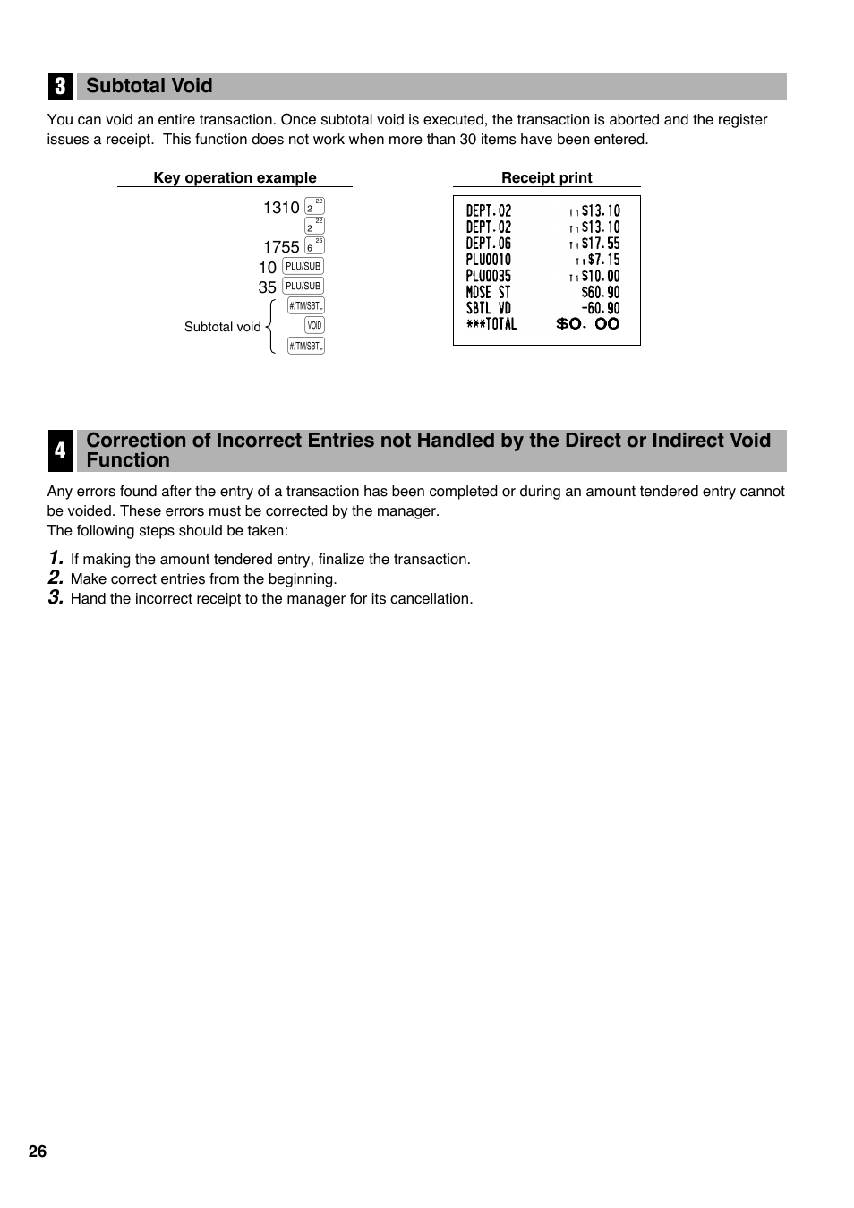 3 subtotal void, Ps v s | Sharp Electronic Cash Register XE-A403 User Manual | Page 28 / 116