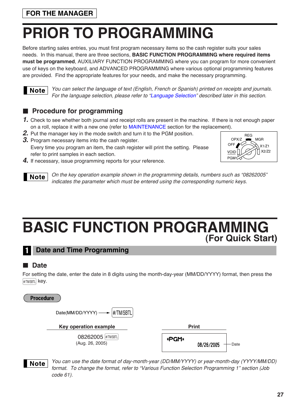 Prior to programming, Procedure for programming, Basic function programming (for quick start) | 1 date and time programming, Date, For the manager, And for programming, refer to, Programming, Basic function programming, For quick start) | Sharp Electronic Cash Register XE-A403 User Manual | Page 29 / 116