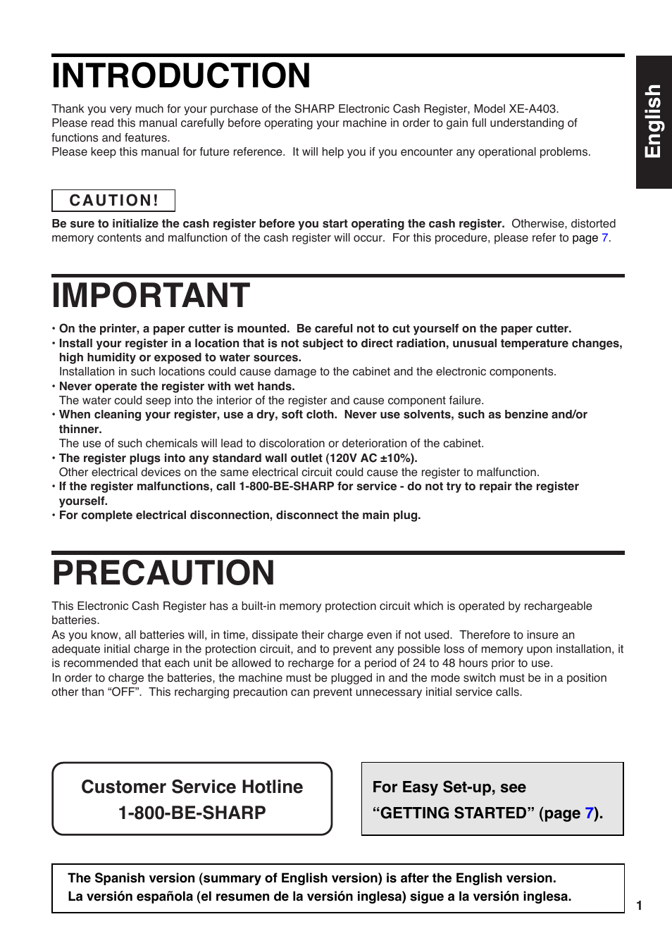 English version, Introduction, Important | Precaution, English | Sharp Electronic Cash Register XE-A403 User Manual | Page 3 / 116