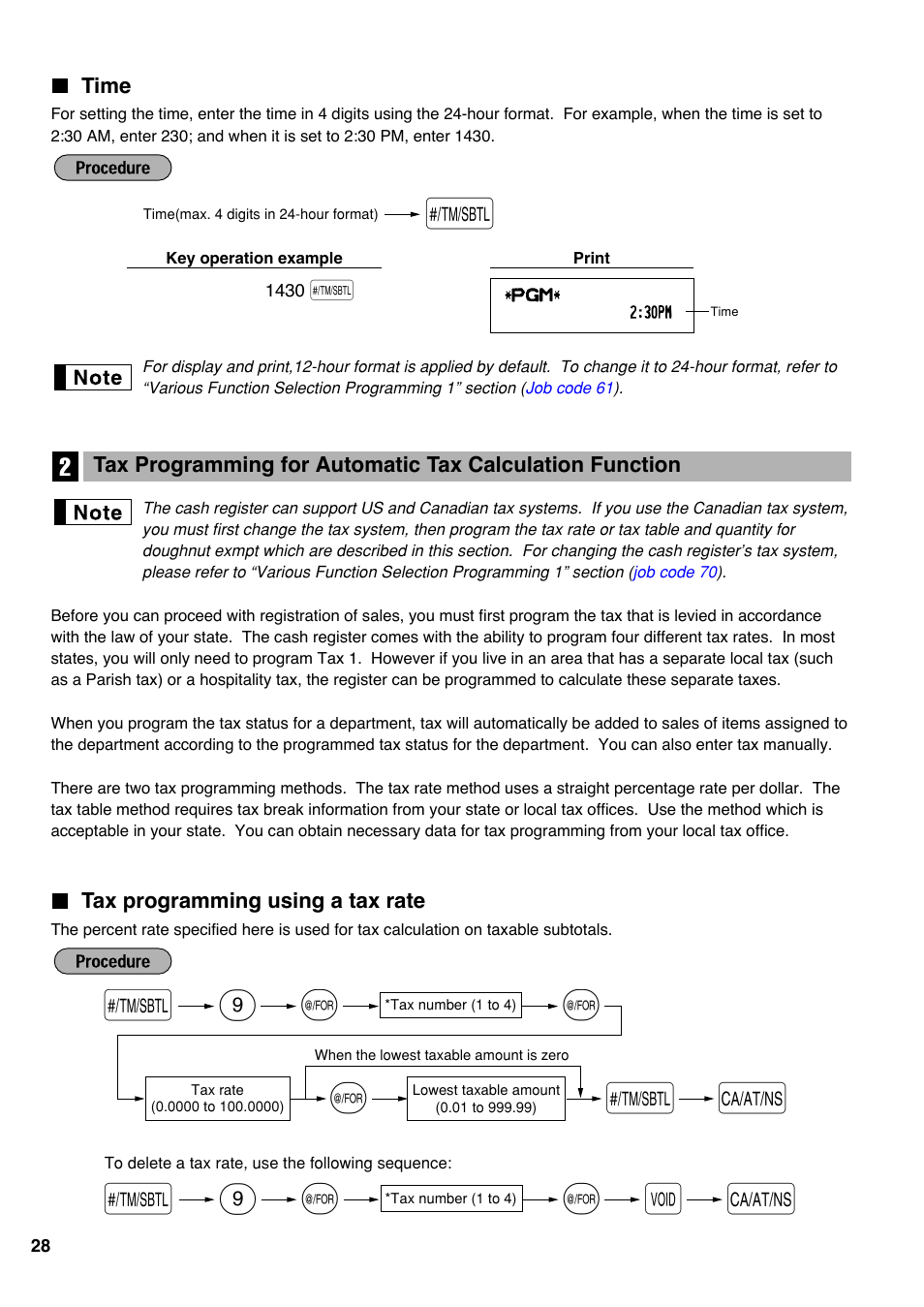 Time, Tax programming using a tax rate, S@ 9 v a | S@ 9 @ @ s a | Sharp Electronic Cash Register XE-A403 User Manual | Page 30 / 116