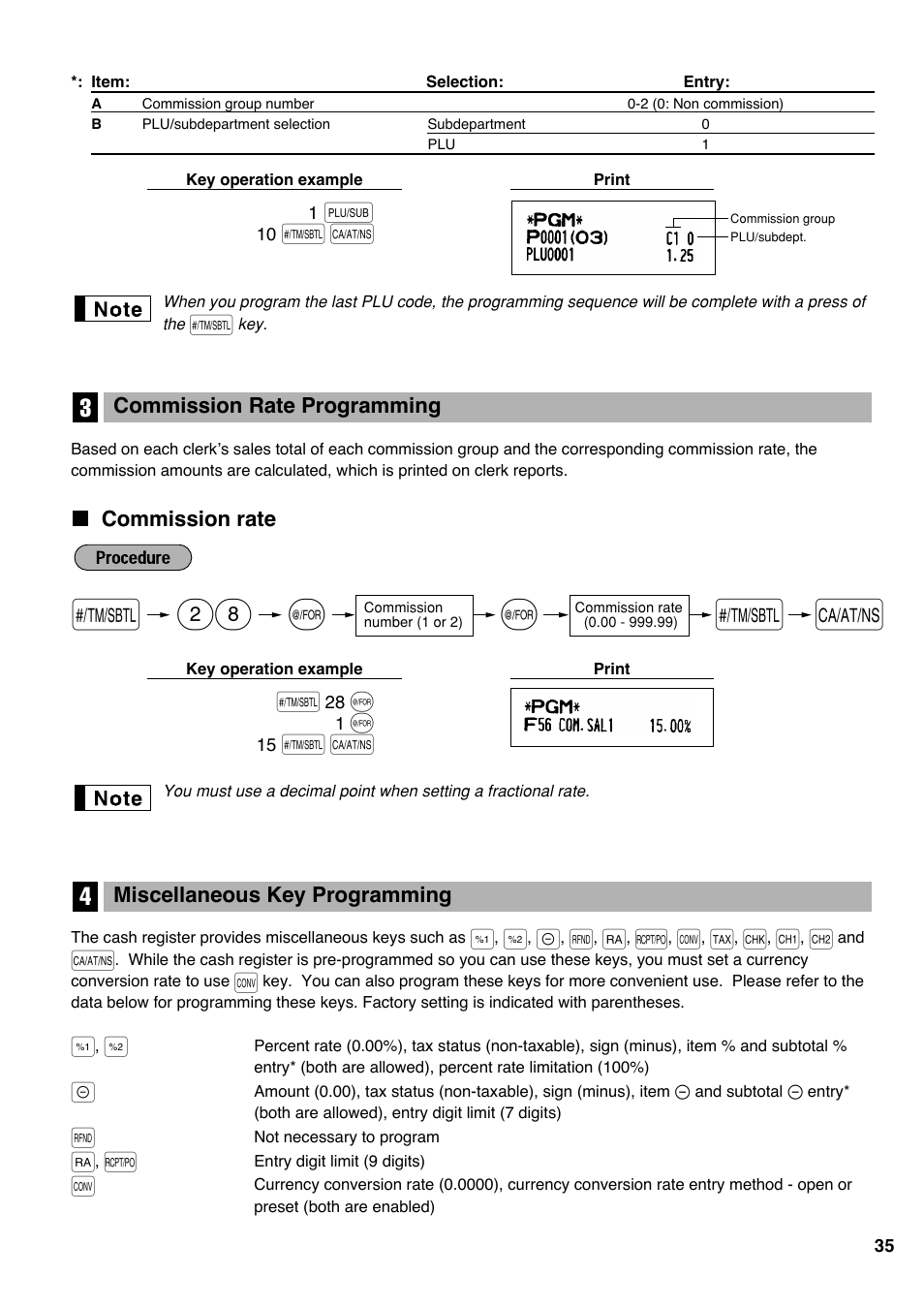 3 commission rate programming, Commission rate, 4 miscellaneous key programming | 28 s a | Sharp Electronic Cash Register XE-A403 User Manual | Page 37 / 116