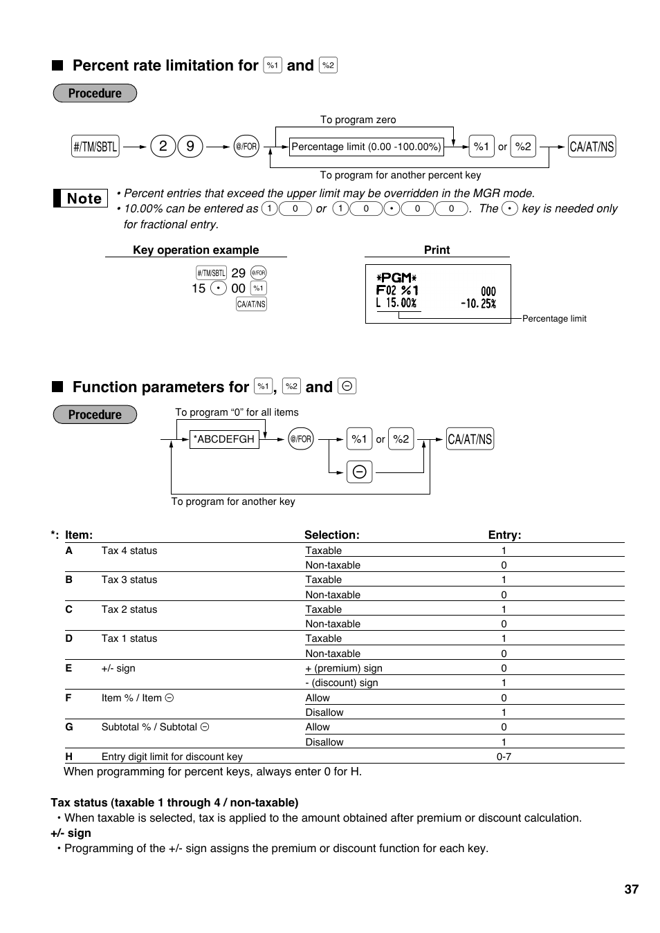 Percent rate limitation for [%1] and [%2, Function parameters for [%1], [%2] and [(-), Percent rate limitation for | Function parameters for, S@ 29, 10p00 | Sharp Electronic Cash Register XE-A403 User Manual | Page 39 / 116