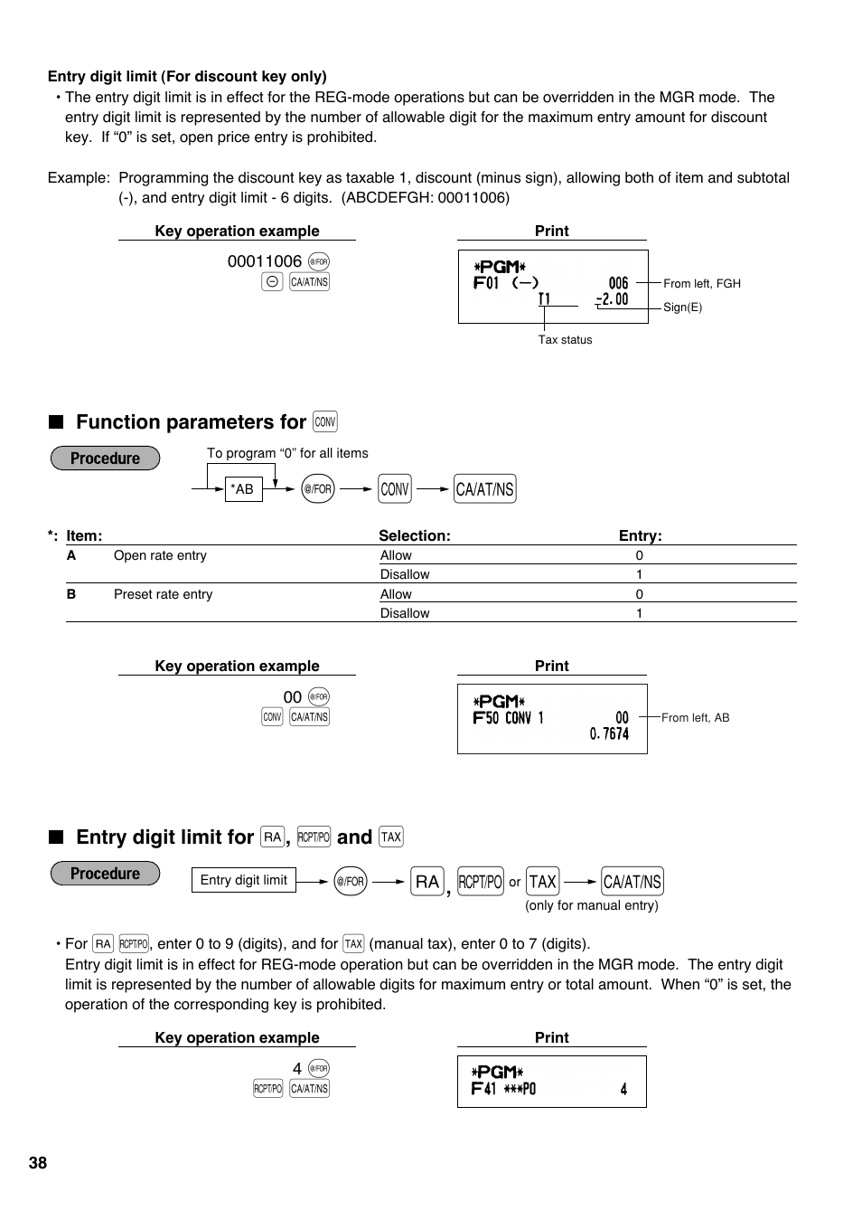 Function parameters for [conv, Entry digit limit for [ra] , [rcpt/po] and [tax, Function parameters for | Entry digit limit for, A@ r | Sharp Electronic Cash Register XE-A403 User Manual | Page 40 / 116