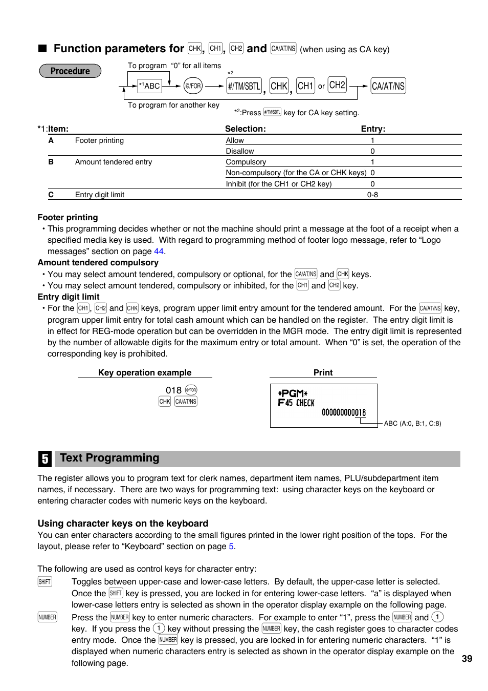 5 text programming, Function parameters for, When using as ca key) | Sharp Electronic Cash Register XE-A403 User Manual | Page 41 / 116