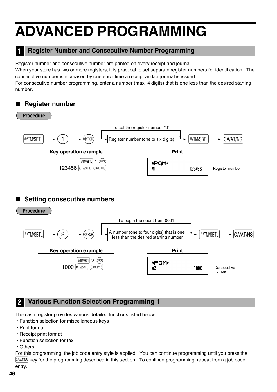 Advanced programming, Register number, Setting consecutive numbers | 2 various function selection programming 1, 1s @ s a, 2s @ s a | Sharp Electronic Cash Register XE-A403 User Manual | Page 48 / 116