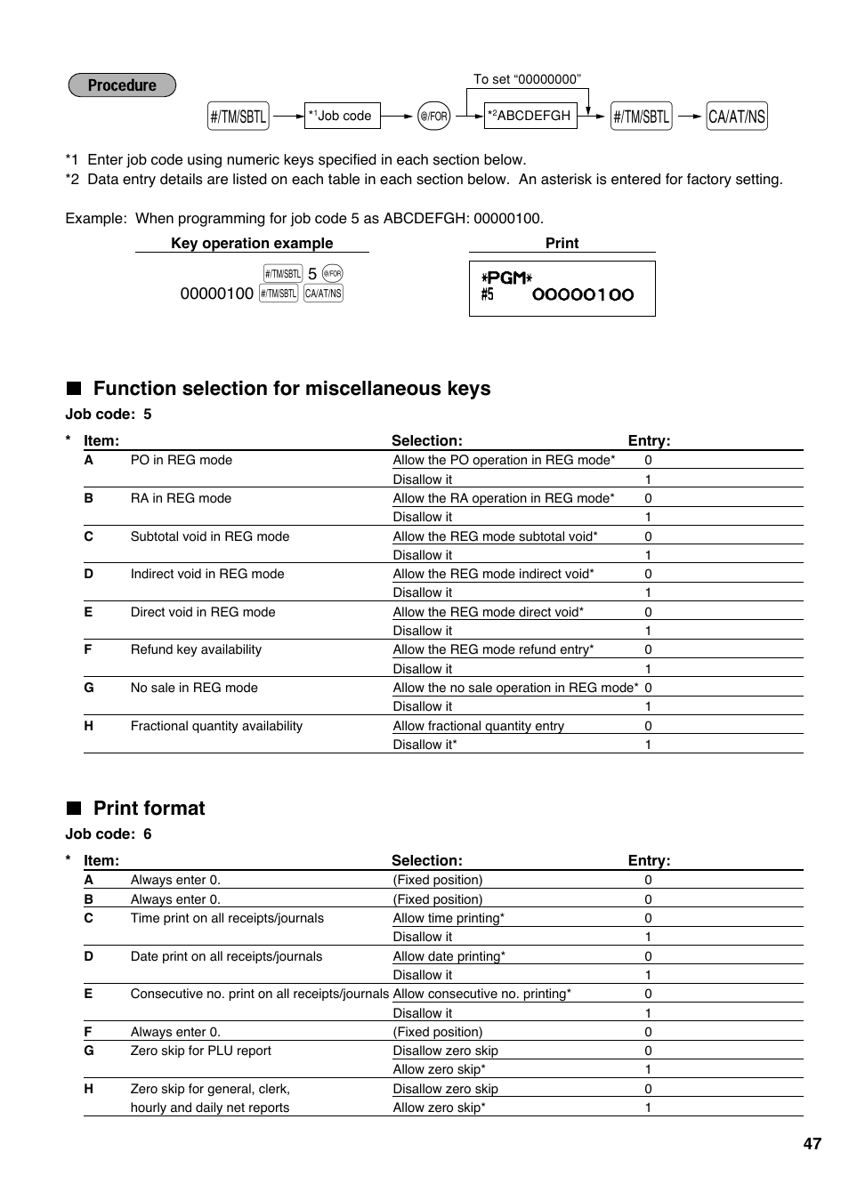 Function selection for miscellaneous keys, Print format | Sharp Electronic Cash Register XE-A403 User Manual | Page 49 / 116