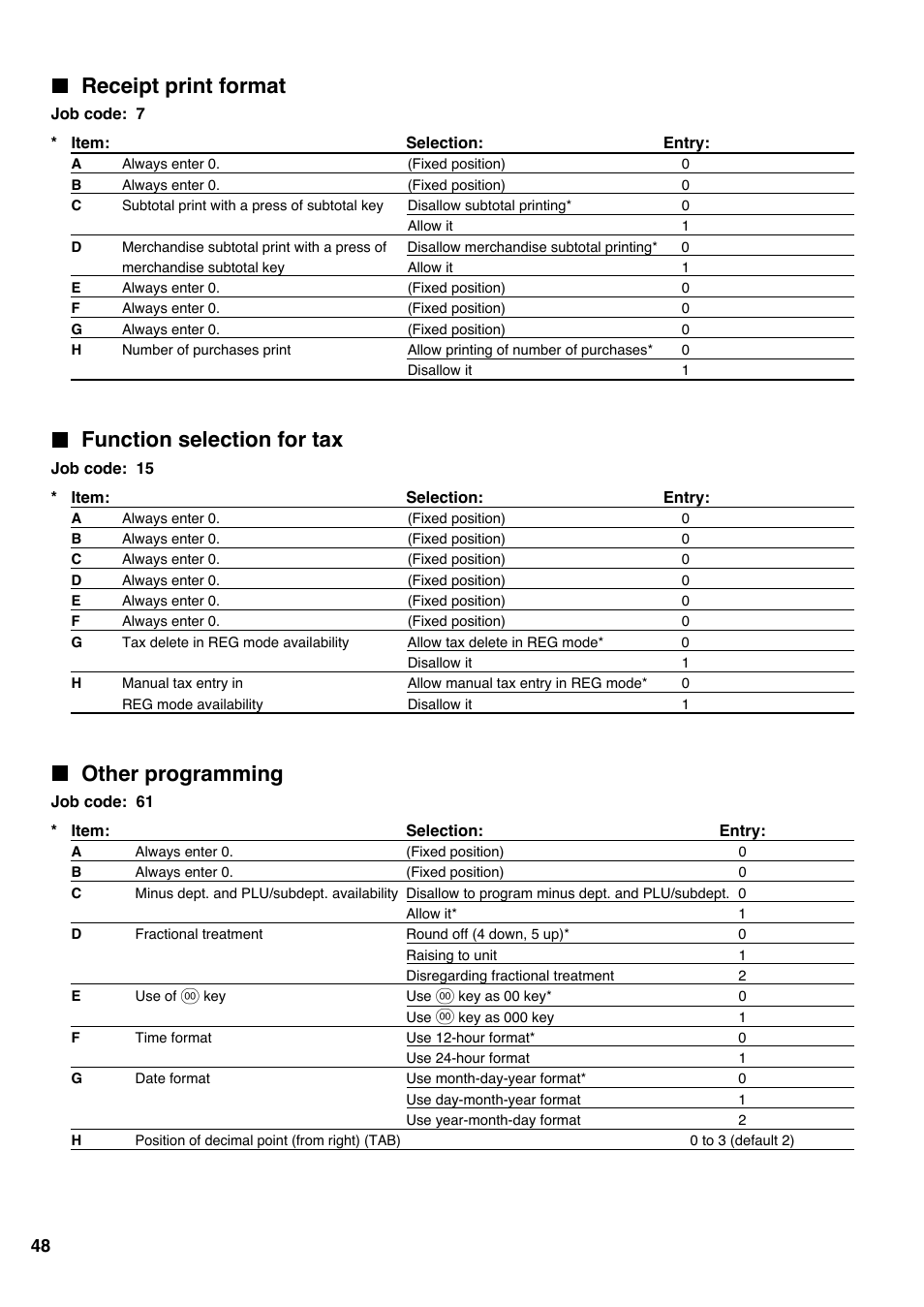 Receipt print format, Function selection for tax, Other programming | Various function selection programming 1” section, Job code 61 | Sharp Electronic Cash Register XE-A403 User Manual | Page 50 / 116