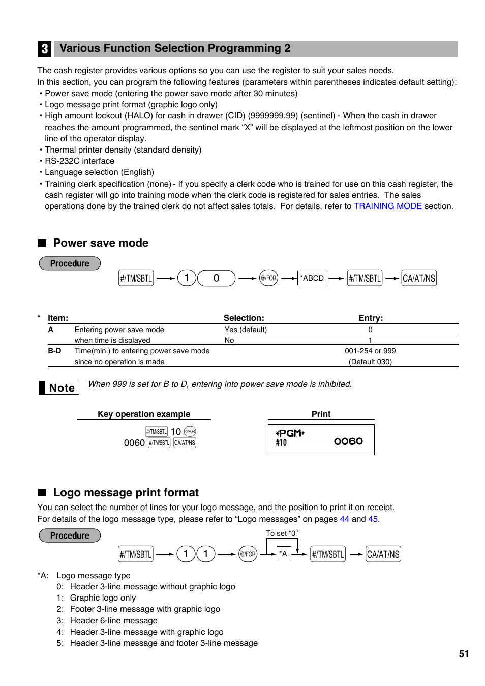 3 various function selection programming 2, Power save mode, Logo message print format | Sharp Electronic Cash Register XE-A403 User Manual | Page 53 / 116