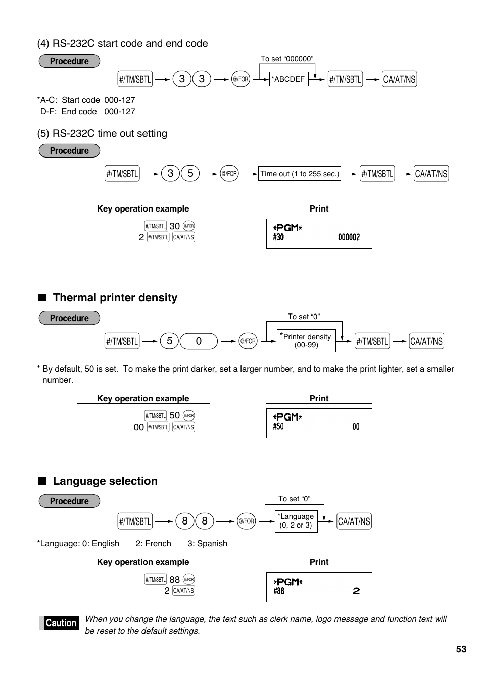 Thermal printer density, Language selection, Language | Selection, For the language selection, please refer to, Described later in this section, As s 33 | Sharp Electronic Cash Register XE-A403 User Manual | Page 55 / 116