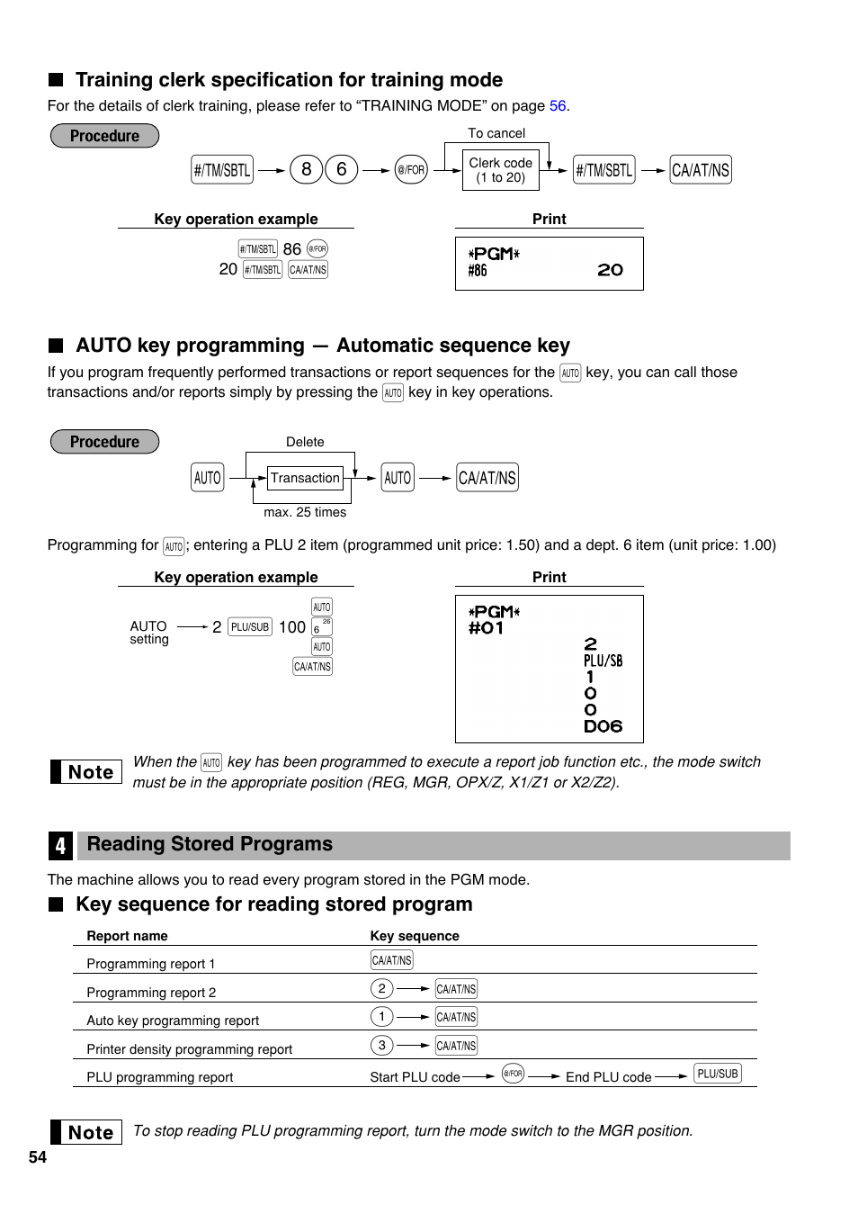 Training clerk specification for training mode, Auto key programming — automatic sequencing key, 4 reading stored programs | Key sequence for reading stored program, Auto key programming | Sharp Electronic Cash Register XE-A403 User Manual | Page 56 / 116