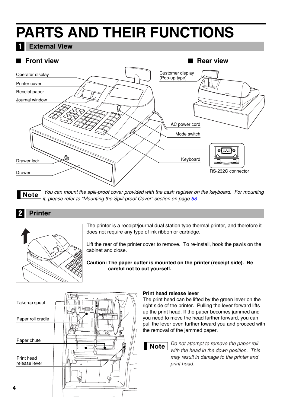 Parts and their functions, 1 external view, Front view | Rear view, 2 printer, Front view rear view external view, Printer | Sharp Electronic Cash Register XE-A403 User Manual | Page 6 / 116