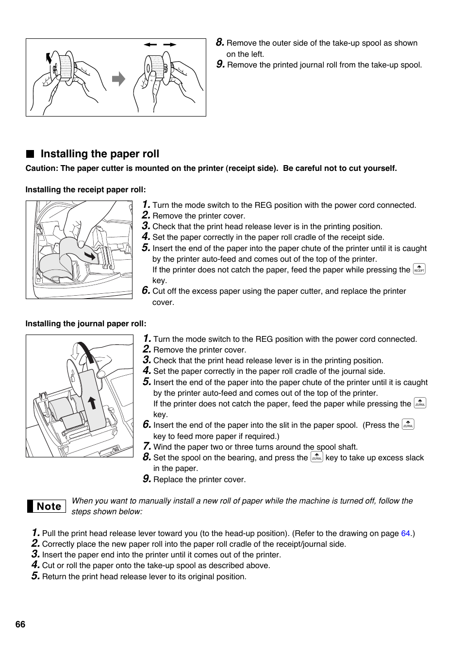 Installing the paper roll | Sharp Electronic Cash Register XE-A403 User Manual | Page 68 / 116