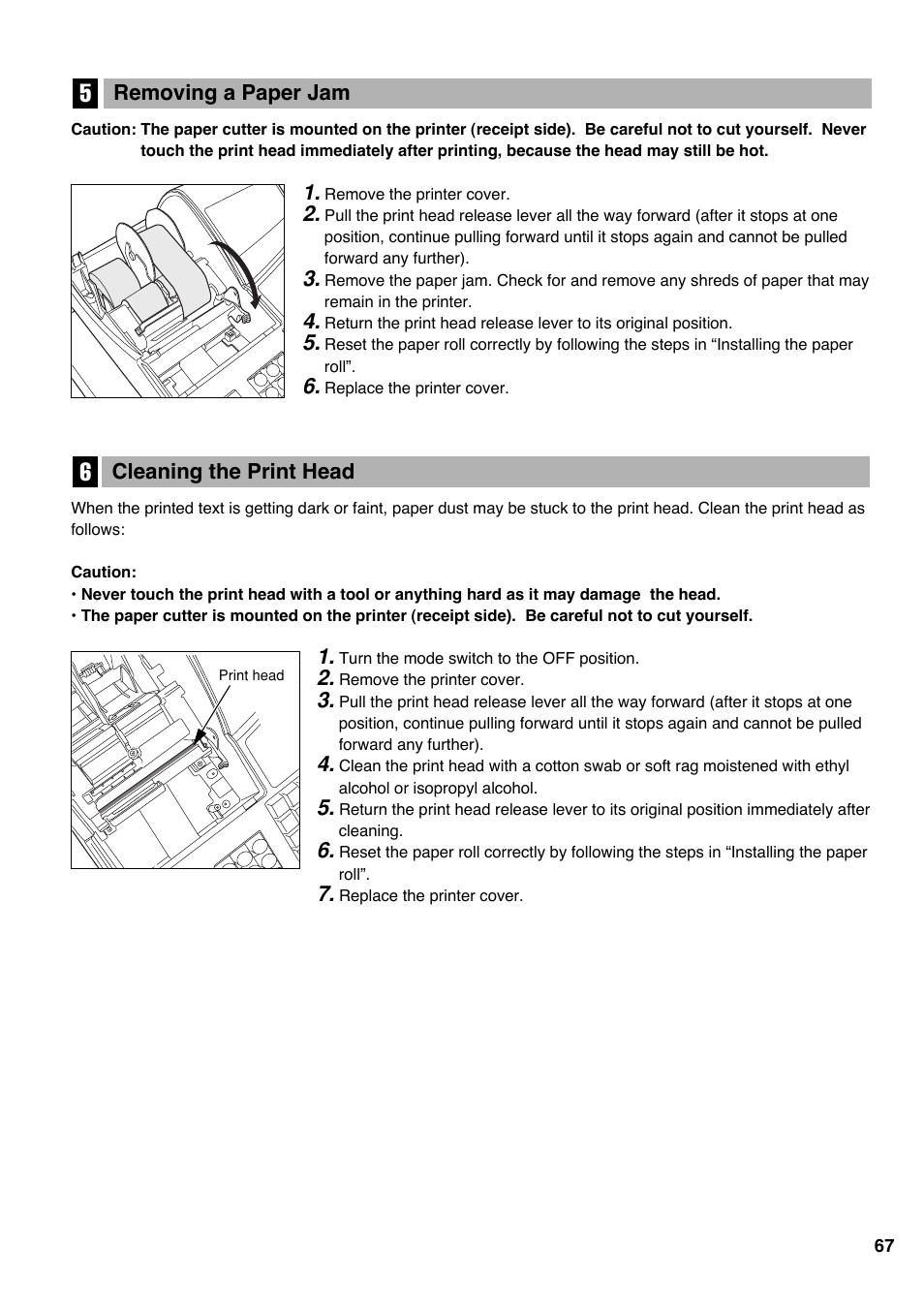 5 removing a paper jam, 6 cleaning the print head | Sharp Electronic Cash Register XE-A403 User Manual | Page 69 / 116