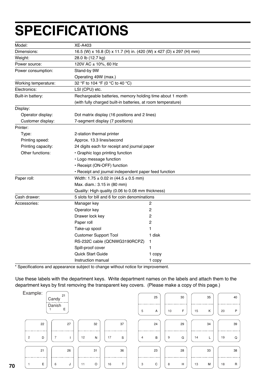 Specifications | Sharp Electronic Cash Register XE-A403 User Manual | Page 72 / 116