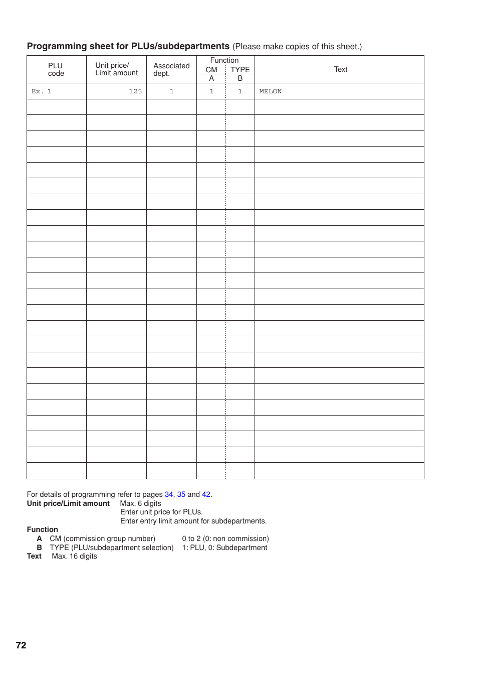 Programming sheet for plus/subdepartments | Sharp Electronic Cash Register XE-A403 User Manual | Page 74 / 116