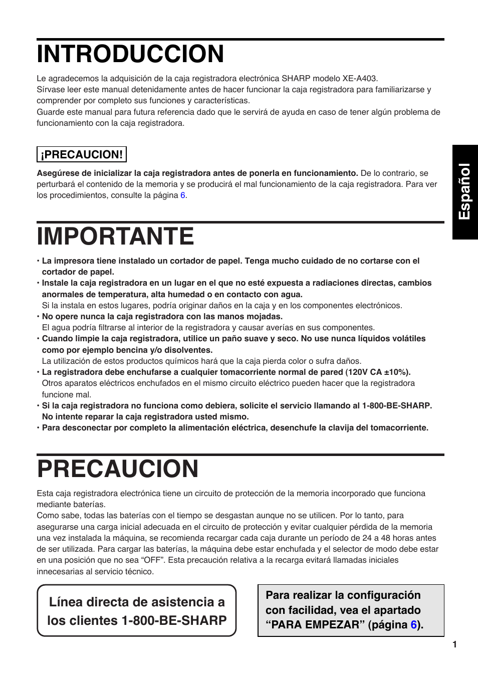 La versión española, Introduccion, Importante | Precaucion, Manual de instrucciones (version en español), English español | Sharp Electronic Cash Register XE-A403 User Manual | Page 75 / 116