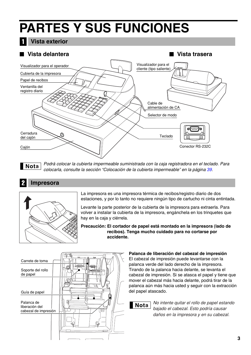 Partes y sus funciones, 1 vista exterior, Vista delantera | Vista trasera, 2 impresora, Vista delantera vista trasera vista exterior, Impresora | Sharp Electronic Cash Register XE-A403 User Manual | Page 77 / 116