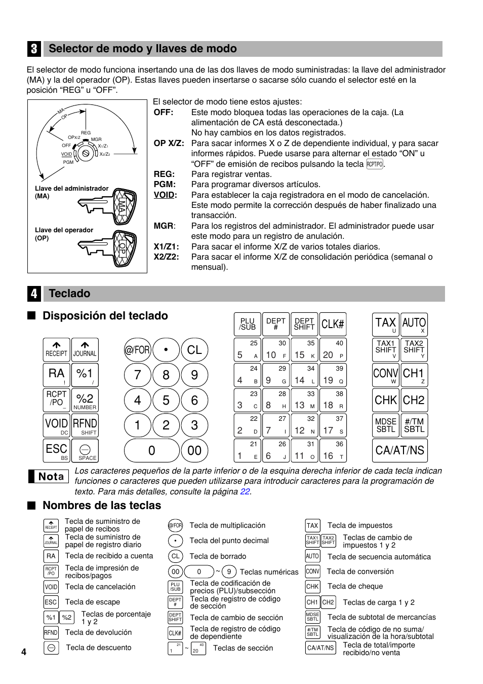 3 selector de modo y llaves de modo, 4 teclado, Disposición del teclado | Nombres de las teclas, Clk# %1 ra void rfnd, Auto tax, Chk ch2, Conv ch1, Ca/at/ns, Nombres de las teclas teclado | Sharp Electronic Cash Register XE-A403 User Manual | Page 78 / 116