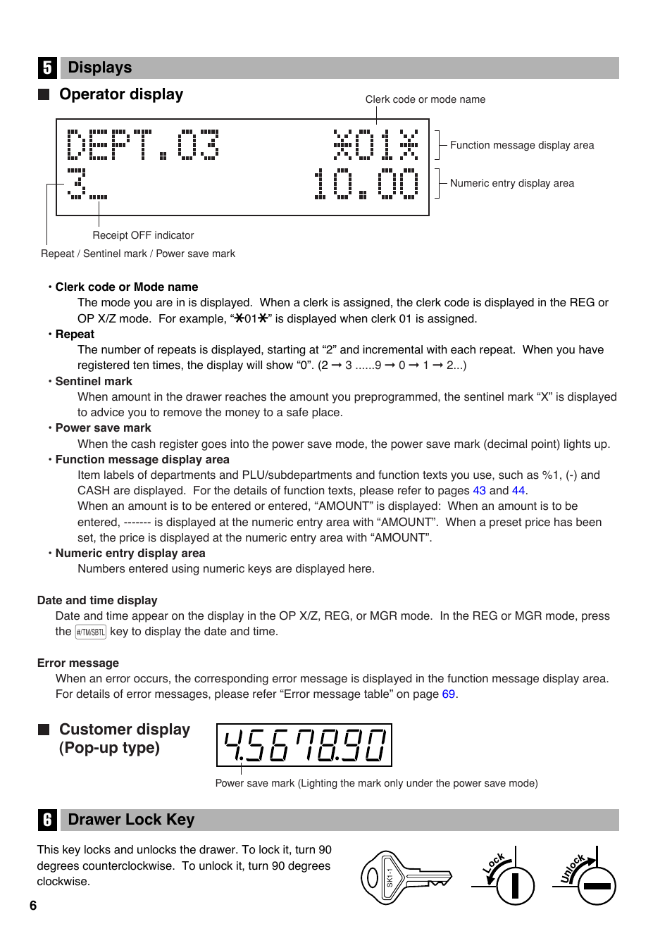 5 displays, Operator display, Customer display (pop-up type) | 6 drawer lock key, Drawer lock key, Displays | Sharp Electronic Cash Register XE-A403 User Manual | Page 8 / 116