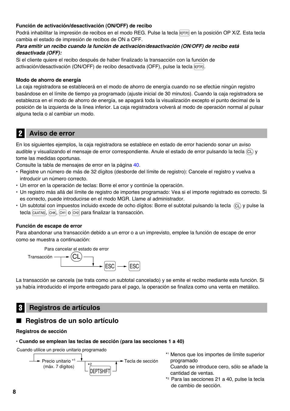 2 aviso de error, 3 registros de artículos, Registros de un solo artículo | Sharp Electronic Cash Register XE-A403 User Manual | Page 82 / 116