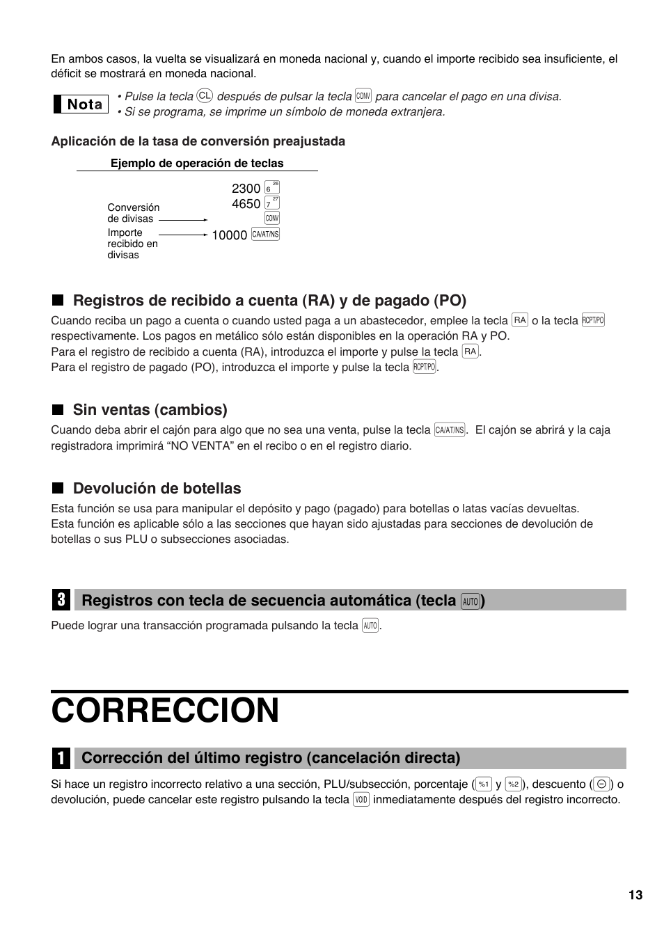 Sin ventas (cambios), Devolución de botellas, Correccion | Sharp Electronic Cash Register XE-A403 User Manual | Page 87 / 116