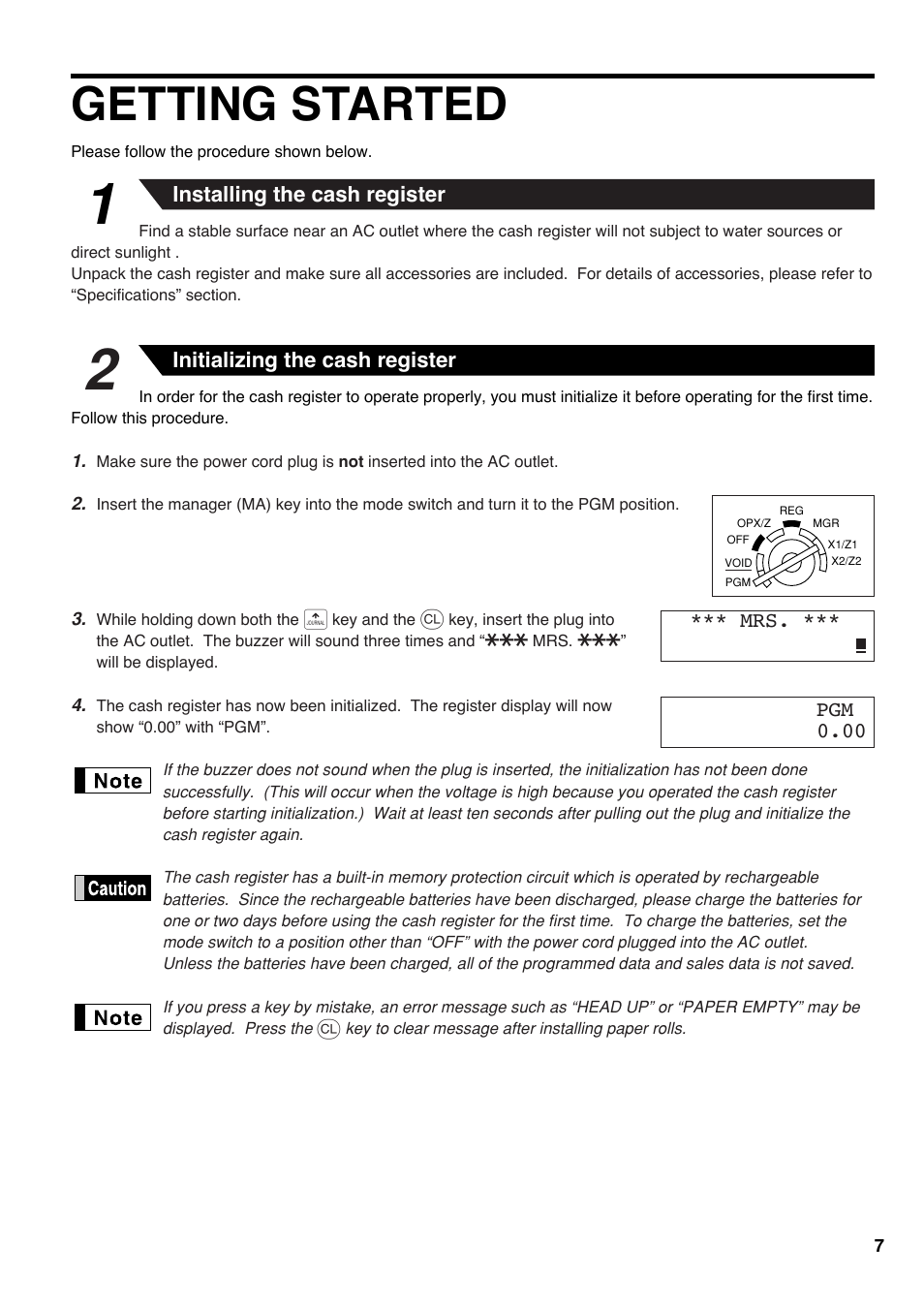 Getting started, 1 installing the cash register, 2 initializing the cash register | Sharp Electronic Cash Register XE-A403 User Manual | Page 9 / 116