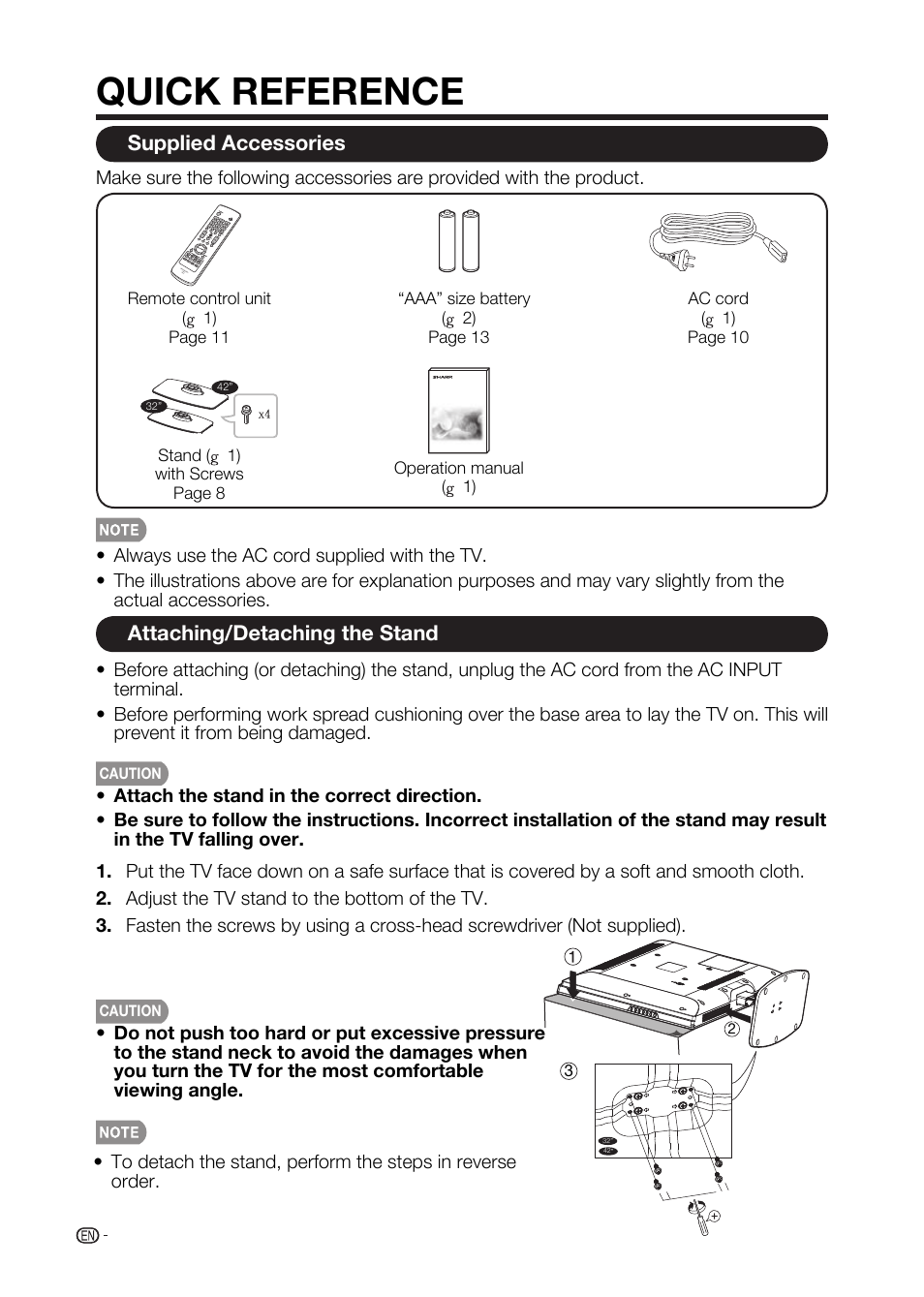 Quick reference, Supplied accessories, Attaching/detaching the stand | Sharp AQUOS LC-32D59U User Manual | Page 10 / 157