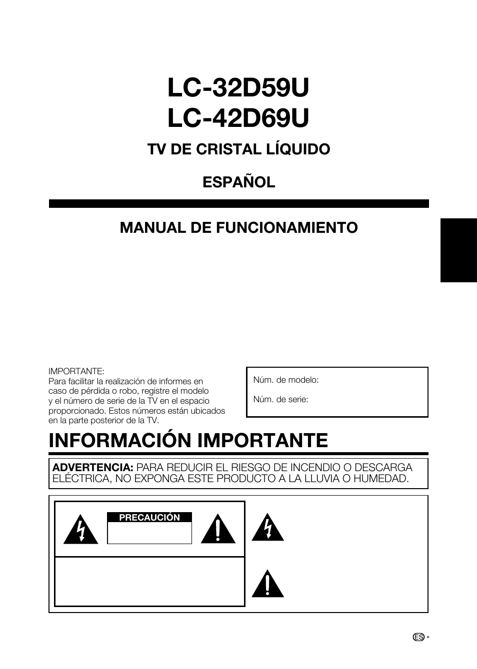 Información importante, Manual de funcionamiento, Tv de cristal líquido español | Sharp AQUOS LC-32D59U User Manual | Page 103 / 157