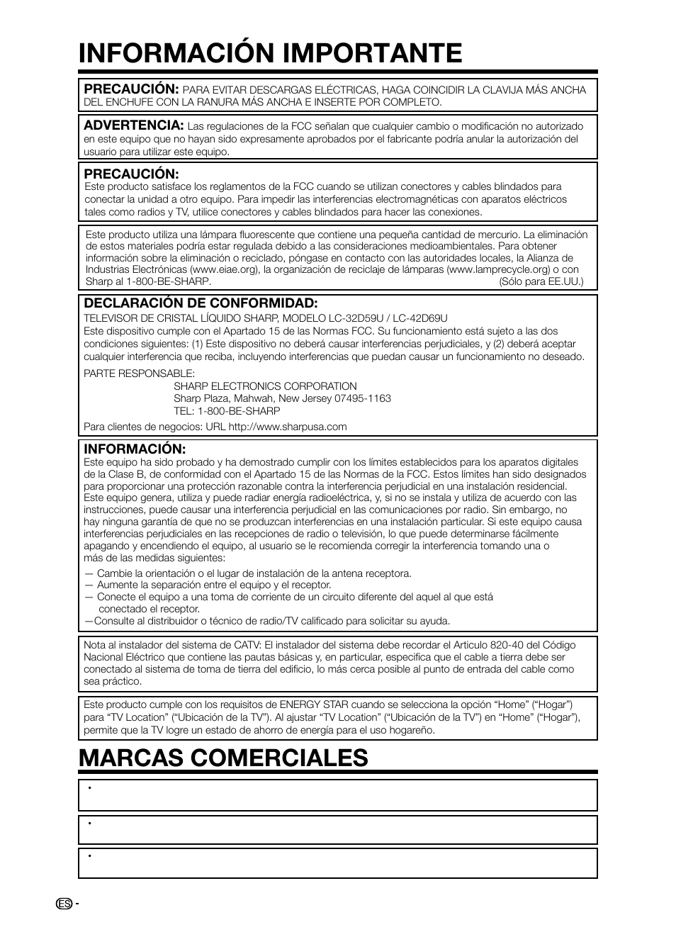 Información importante, Marcas comerciales, Advertencia | Precaución, Declaración de conformidad, Información | Sharp AQUOS LC-32D59U User Manual | Page 104 / 157