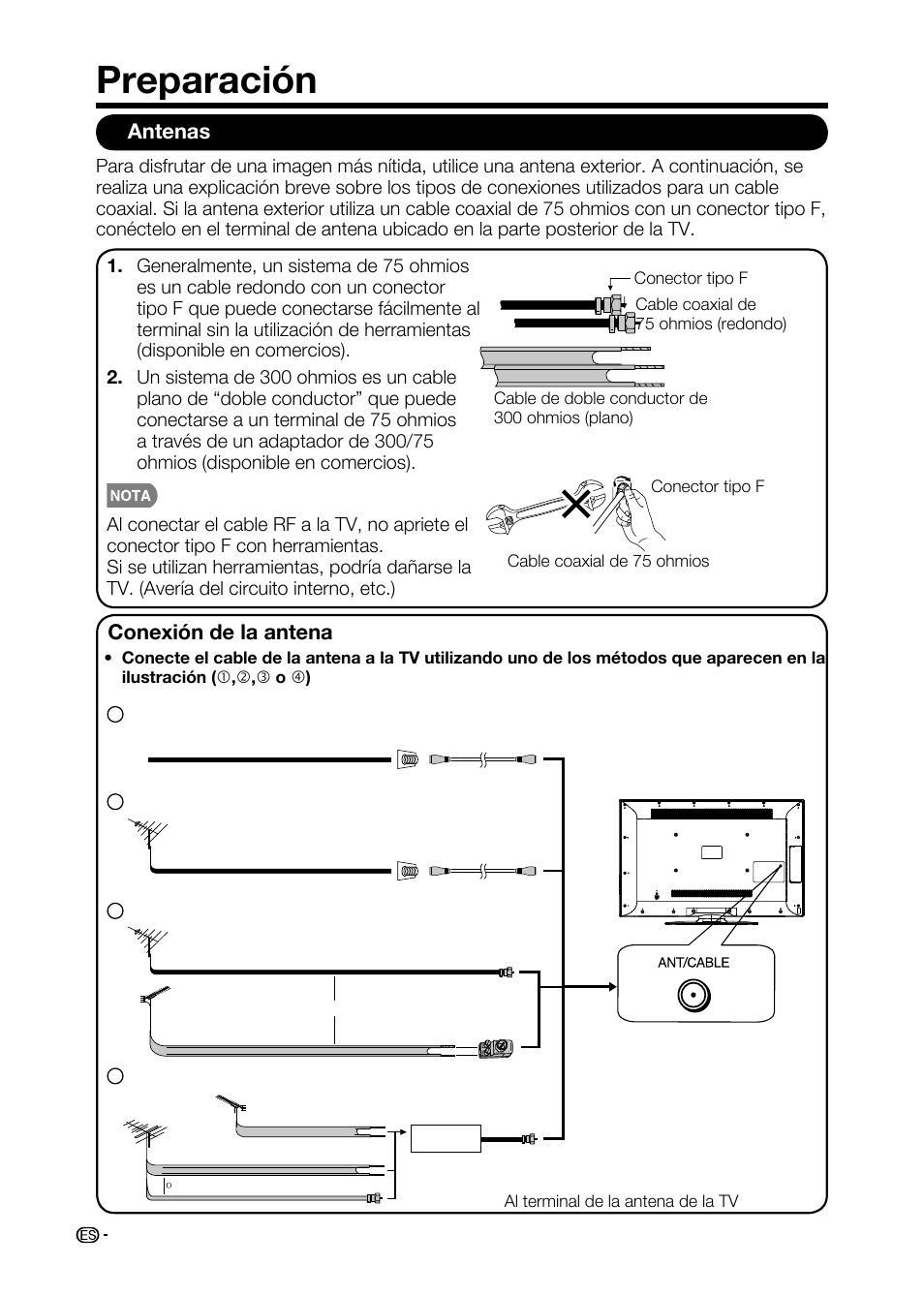 Preparación, Antenas, Conexión de la antena cable | Sharp AQUOS LC-32D59U User Manual | Page 114 / 157
