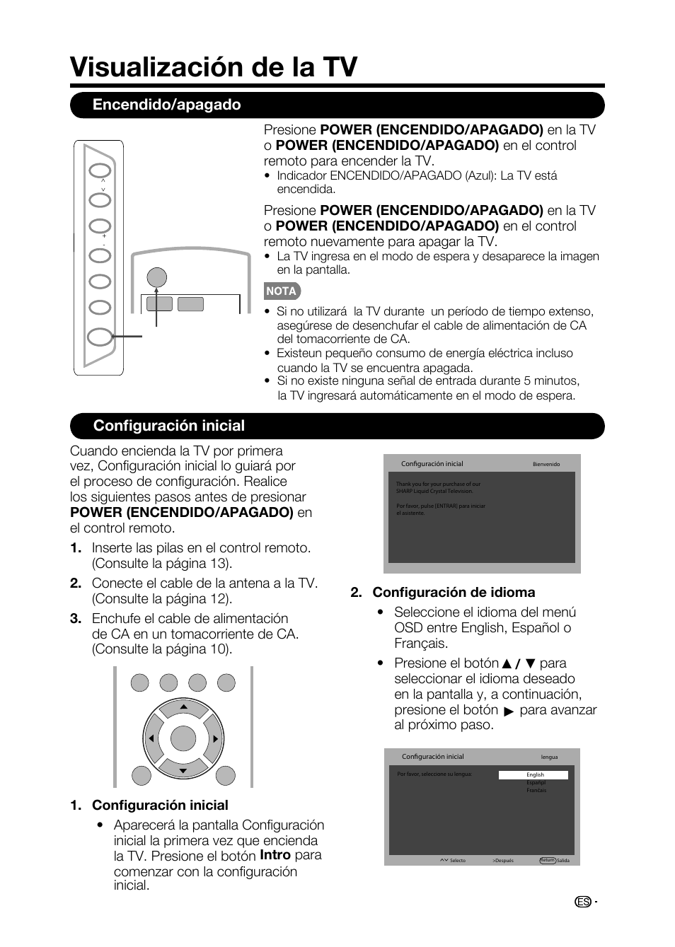 Visualización de la tv, Encendido/apagado configuración inicial | Sharp AQUOS LC-32D59U User Manual | Page 125 / 157