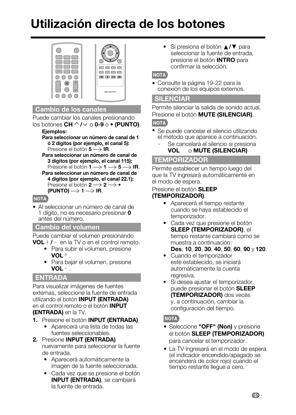 Utilización directa de los botones, Silenciar, Temporizador | Cambio de los canales, Cambio del volumen, Entrada | Sharp AQUOS LC-32D59U User Manual | Page 127 / 157