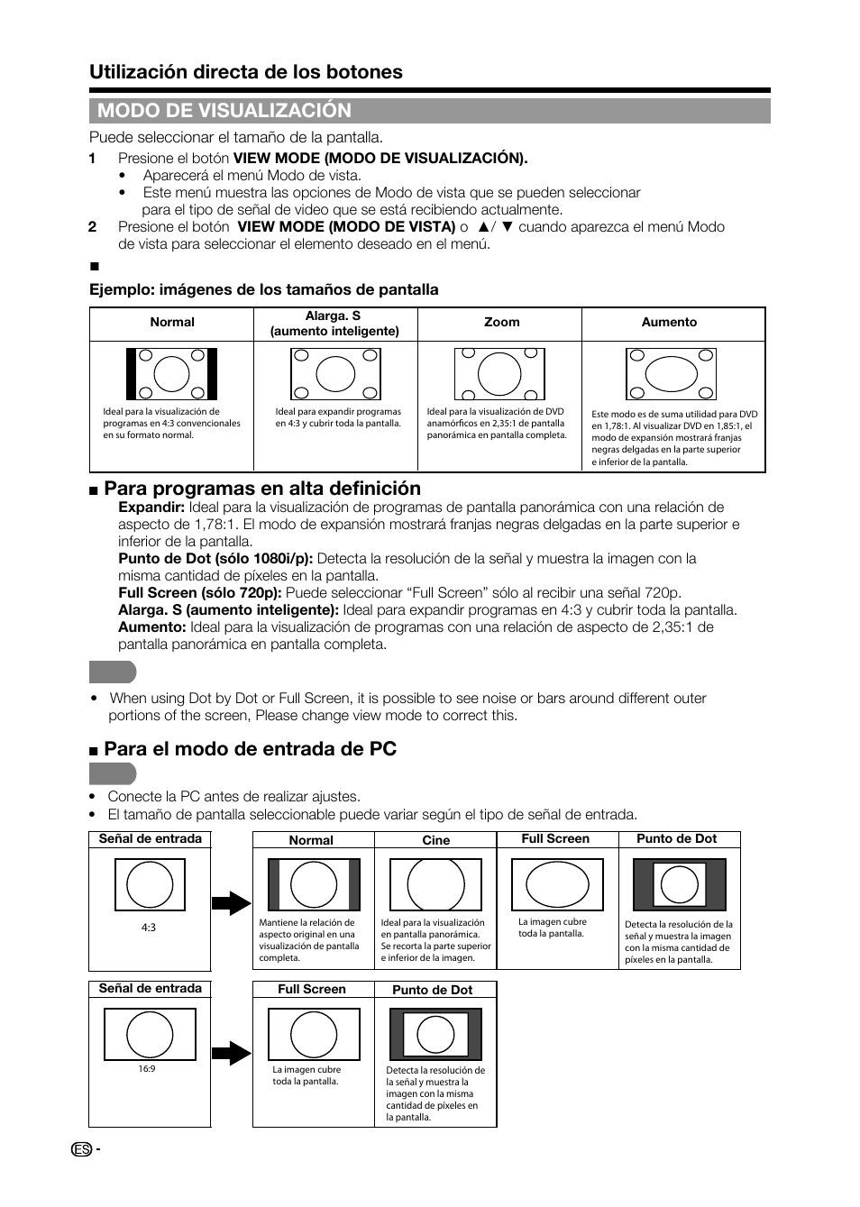 Modo de visualización, Utilización directa de los botones, Para programas en alta definición | Para el modo de entrada de pc, Para programas en 4:3 | Sharp AQUOS LC-32D59U User Manual | Page 130 / 157
