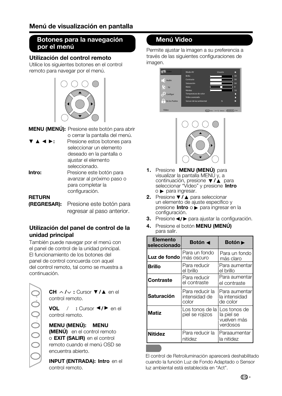Menú video, Utilización del control remoto, Presione este botón para regresar al paso anterior | Sharp AQUOS LC-32D59U User Manual | Page 133 / 157