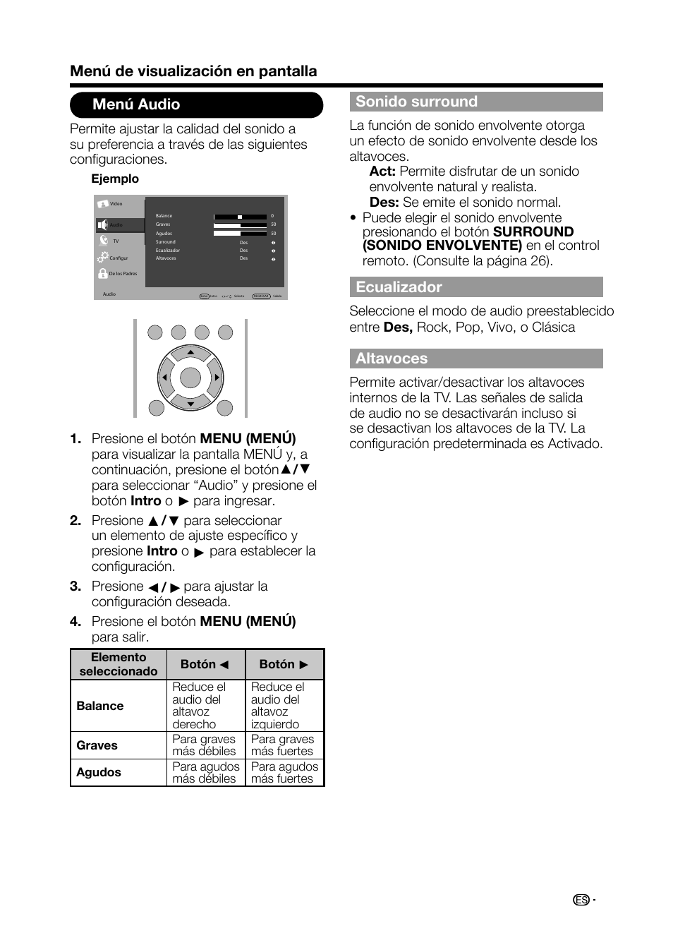 Menú audio, Sonido surround, Ecualizador | Altavoces, Menú de visualización en pantalla | Sharp AQUOS LC-32D59U User Manual | Page 135 / 157